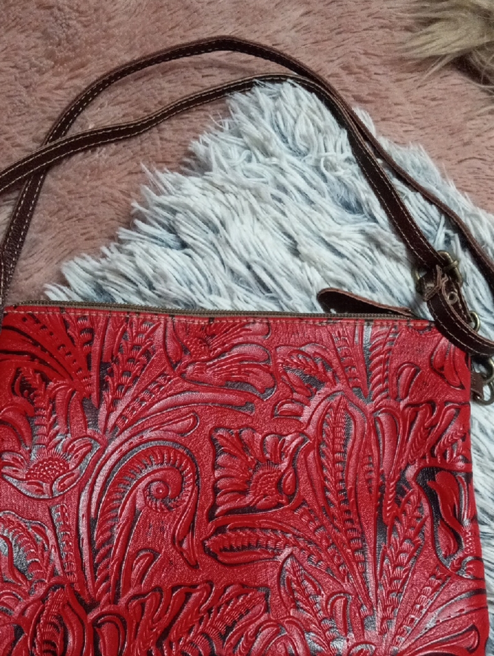 Myra Bag Red Embossed Floral Crossbody with Brown Strap